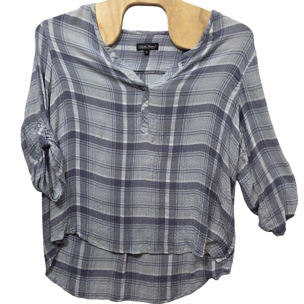 North River Outfitters Blue Plaid Roll Tab Sleeve Blouse Women 1X High Low Hem